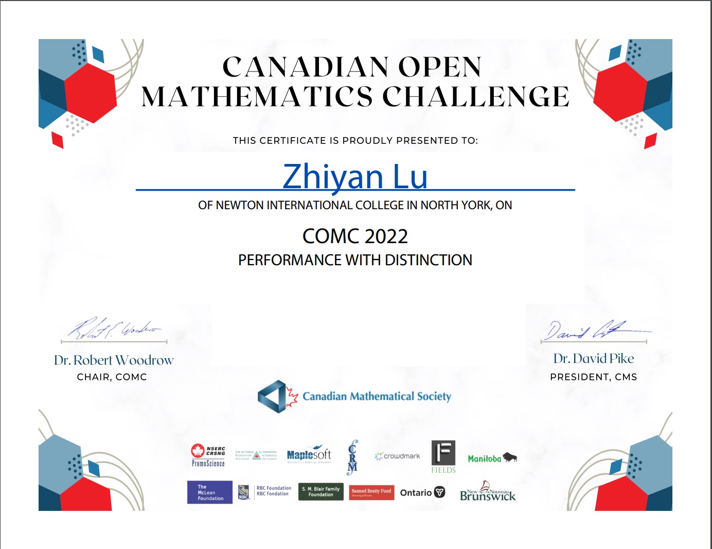 Canadian Open Mathematics Challenge Distinctions - Newton International ...